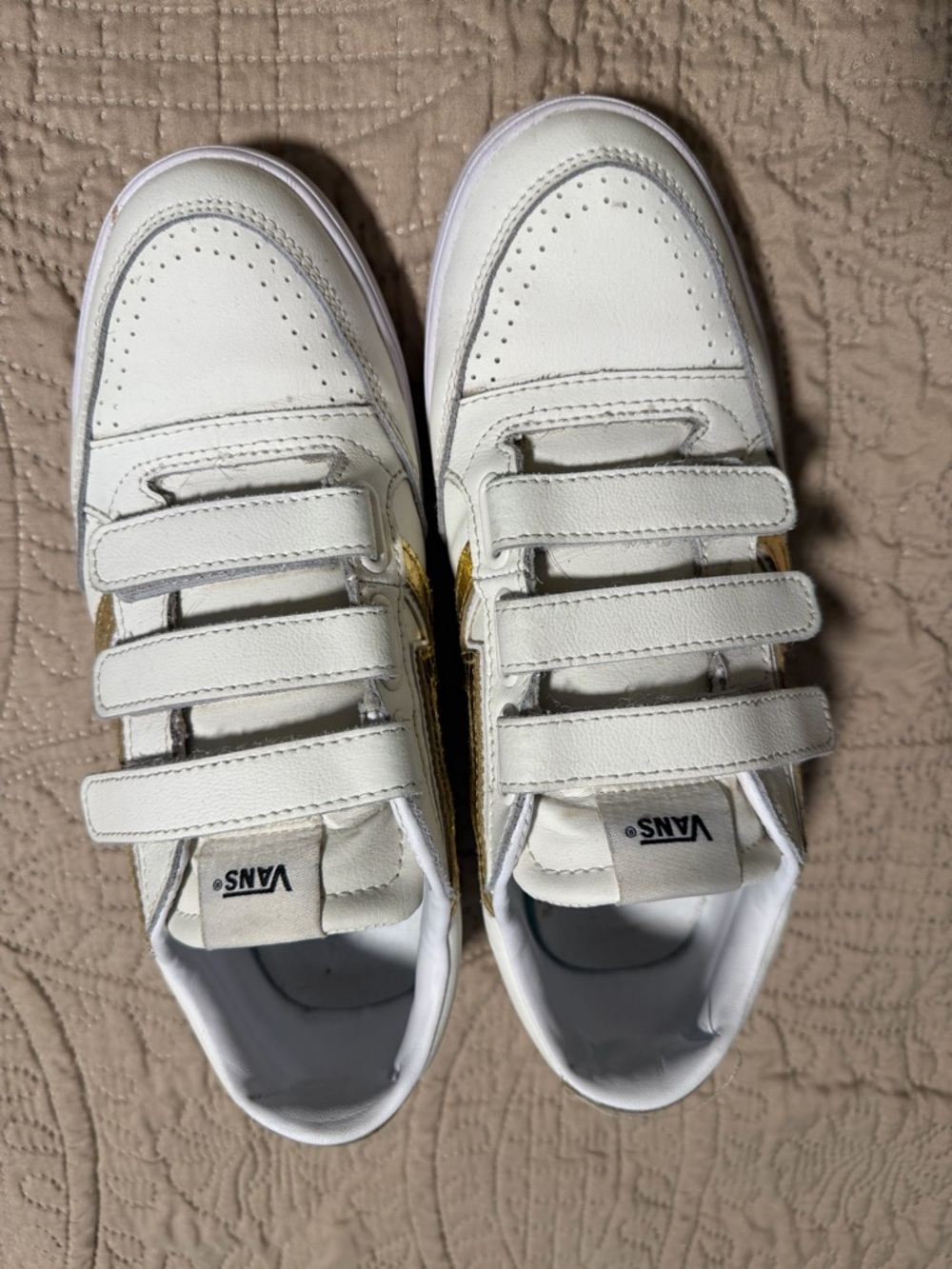 Vans White Leather Sneakers with Gold Side Stripe